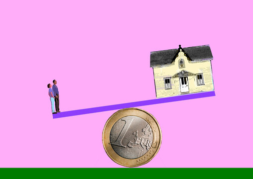 Conceptual collage of house purchase and finance with euro coin and house on a scale