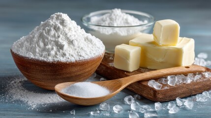 Baking ingredients on wooden surface: flour, butter and sugar with ice