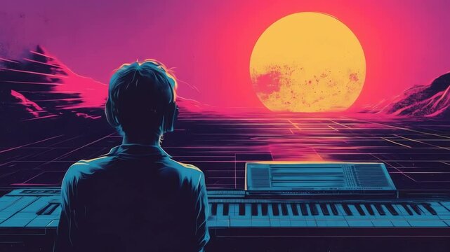 Back view of a person in blue with a synthesizer and piano in front of a horizon with a large orange sun