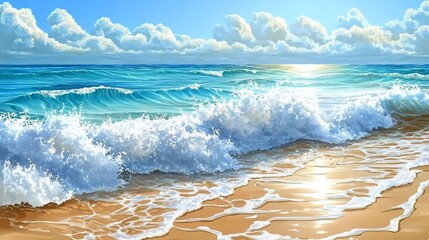 Serene Ocean Vista with Waves Crashing on Sandy Shore and Cloudscape