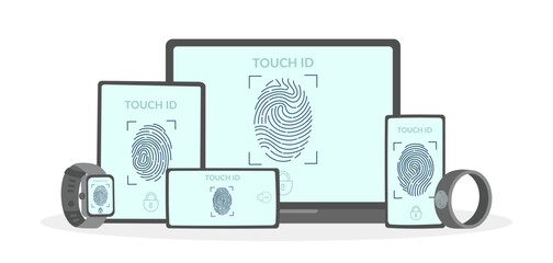 Technology concept banner. Set of gadgets with touch id on the screen. Fingerprint scanning system. Biometric authentication. Vector hand drawn cliparts.