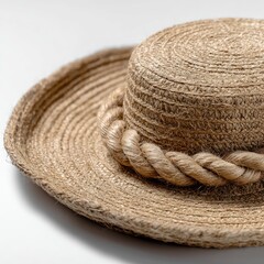 Natural straw hat with braided rope trim