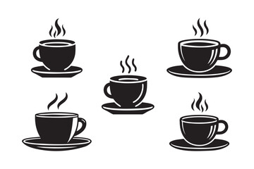 Coffee Cup Silhouette Vector Set – Hot Drink Icons on Saucer in Black and White