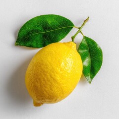 Fresh lemon with leaves.  A bright yellow lemon, whole, rests on a white surface, with two vibrant green leaves attached to its stem