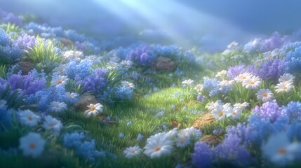 Fototapeta premium Serene Spring Meadow Daisies Bluebells Sunlit Grass