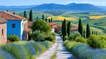 Naklejka premium Idyllic Tuscan Scene at Sunset with Soft Colors and Surreal Landscape