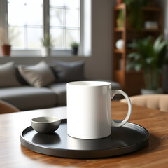 Obraz premium Warm coffee in a white mug on a cafe table, ready for a morning breakfast