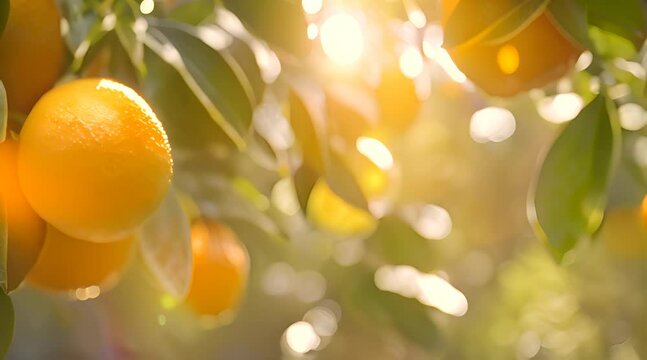 Close up tracking shot of fresh citrus fruit, glistening with dew, vibrant oranges, lemons, and limes