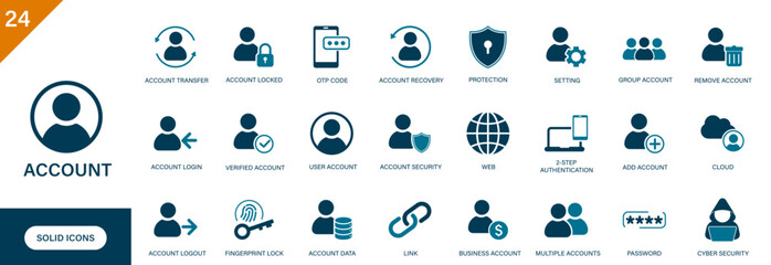 Account icon. Containing multiple accounts, security, social media, settings, login. Solid vector icon set.