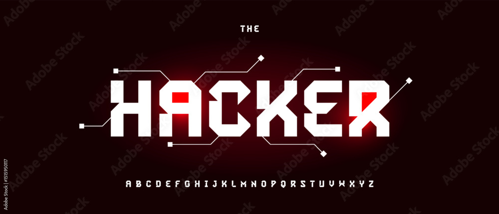 Leinwandbilder Futuristic Hacker Font Design With Glowing Red Cyber Elements, Digital Alphabet Style Perfect for Tech Themes and Coding Projects. Vector Illustration.
