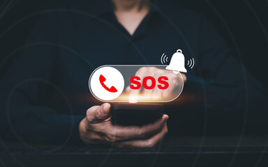 Businessman touch bar SOS Emergency app in home, call phone, Chat message icon, Emergency application from smartphone for elderly, technology concept.Old hand touch mobile phone and call for help.