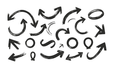 A clean and scalable vector collection of hand-drawn arrows with a casual, sketch-like style. Include a variety of forms: straight, curved, spiral, loop-back, zigzag, easily editable and scalable.