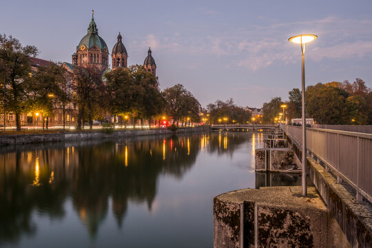 St. Lucas Church and Isar River in Munich during blue hour