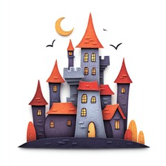 Mysterious Nighttime Castle, Orange Roofs Gleam Under Crescent Moon, Birds Fly Above
