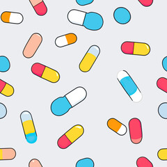 Seamless pattern of colorful flat minimalist medical capsules and pills in various color combinations on light background for healthcare and pharmaceutical design
