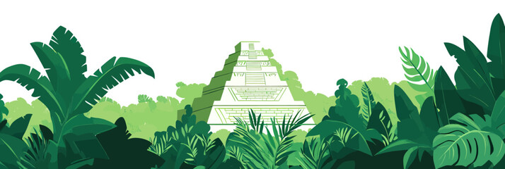 Mayan pyramid surrounded by dense jungle foliage with tropical leaves in flat minimalist vector style isolated on white background