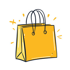 Yellow shopping bag icon with hand drawn sketch style and decorative sparkles, minimalist doodle of gift or purchase concept vector illustration