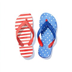 Red Striped and Blue Polka Dot Flip Flops Await Summer Fun. Vacation Vibes Watercolor Illustration