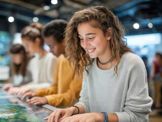 Students engage with interactive displays at a science museum, showcasing their curiosity and collaboration in a vibrant environment while learning about various scientific topics