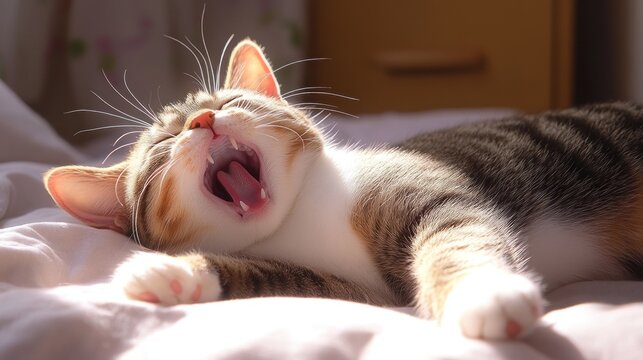 Sleepy tabby cat yawning on bed in sunlight