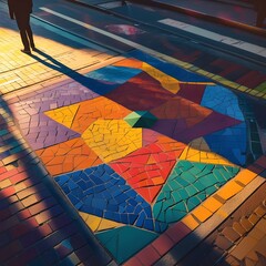 A realistic top-down photograph of a colorful geometric mosaic street art installation. A long pedestrian shadow stretches diagonally across the frame, adding human presence and dynamic contrast. 