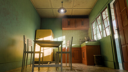 A kitchen with a yellow refrigerator and a green wall. The kitchen is empty and has a very old and worn look. Premium photo 3d render.