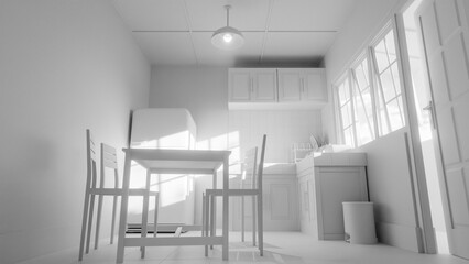A kitchen with a yellow refrigerator and a green wall. The kitchen is empty and has a very old and worn look. Premium photo 3d render.
