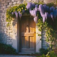 A natural, sunlit photo of a weathered wooden door embedded in a rustic stone wall, partially covered with cascading blooming wisteria and ivy. Taken in morning light with soft golden tones.