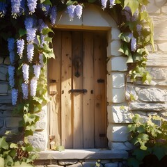 A natural, sunlit photo of a weathered wooden door embedded in a rustic stone wall, partially covered with cascading blooming wisteria and ivy. Taken in morning light with soft golden tones.