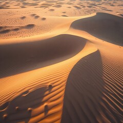 A professional, ultra-realistic aerial photograph of a desert landscape at golden hour, capturing natural sand dune patterns and soft wind-carved ripples in golden-orange hues. 