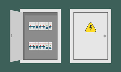 Electrical circuit breaker panel with open and closed doors