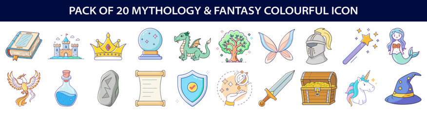 Pack of Twenty Mythology and Fantasy Colorful Icons Collection for Design Projects
