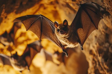 Brown Bat Flying in Dark Cave
