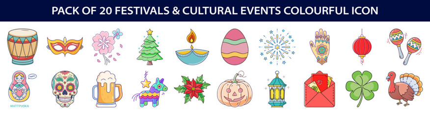 A colorful icon pack of twenty festivals and cultural events