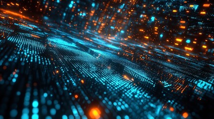 Digital data flow, abstract network, glowing particles, dark background, tech backdrop