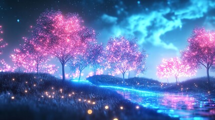 Night forest illuminated with bioluminescent trees under a starry sky