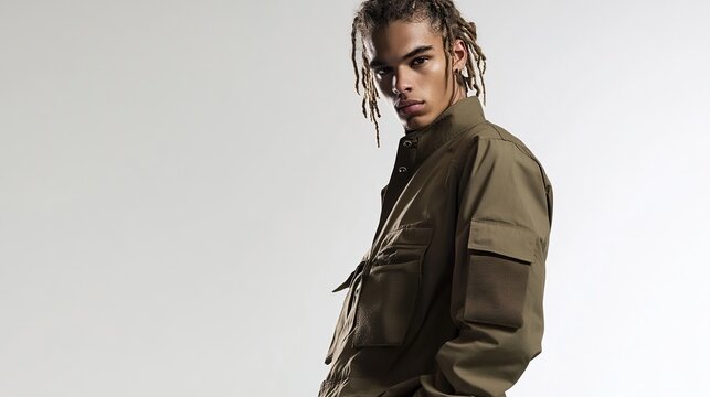 A young man with dark skin and dreadlocks wears a green jacket with a patch on the left sleeve, standing in a studio with a gray backdrop, looking over his shoulder at the camera