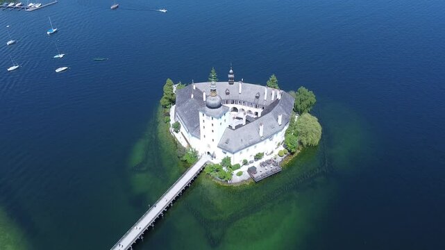 castle Ort / Seeschloss Ort in Gmunden at lake Traunsee in Upper Austria, aerial video