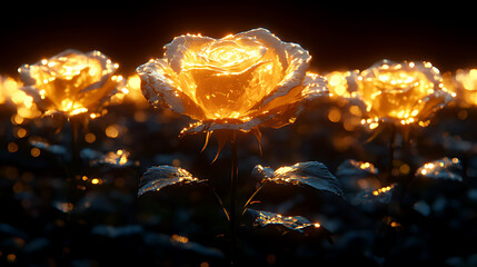 Golden Illuminated Roses in Bloom Amid a Mystical Dark Background