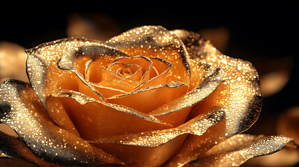 Golden Dew-Kissed Rose Close-Up Glowing Against Dark Background