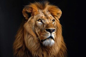 Fototapeta premium The lion is portrayed in a fierce and focused manner, its intense stare the essence of its wild nature, reveal the lion detailed features and wild charm.