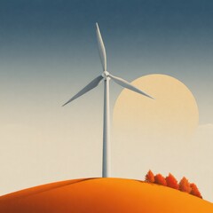 Wind turbine on hilltop, autumnal landscape