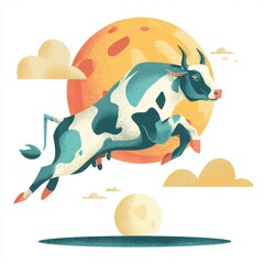 A stylized illustration of a leaping cow against a backdrop of a stylized sun and moon