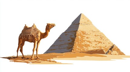 Camel and Pyramid in Desert