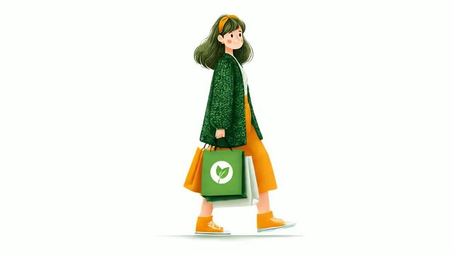 Woman with green hair orange headband  green sweater holding shopping bags