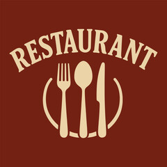 Fototapeta premium Restaurant logo with fork, spoon, knife on red background.