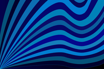 Abstract design featuring wavy stripes in varying shades of blue, ranging from light to dark. The stripes radiate from a focal point in the lower left corner, creating a dynamic, fan-like pattern.