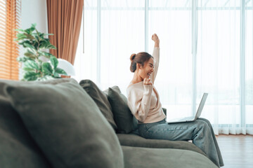 Funny euphoric young asian woman celebrating winning or getting ecommerce shopping offer on computer laptop. Excited happy girl winner looking at notebook celebrating success