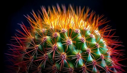 Fototapeta premium Cactus, spines, close-up, macro, sharpness, texture, detail, nature, plant, botanical, thorns, vibrant, colorful, desert, prickly, vivid, natural, focus, intense, striking, background, dark, contrast,