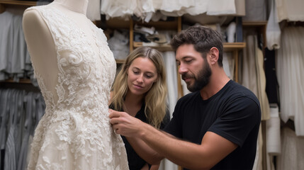 Bridal consultant helping couple select perfect wedding dress in luxury atelier